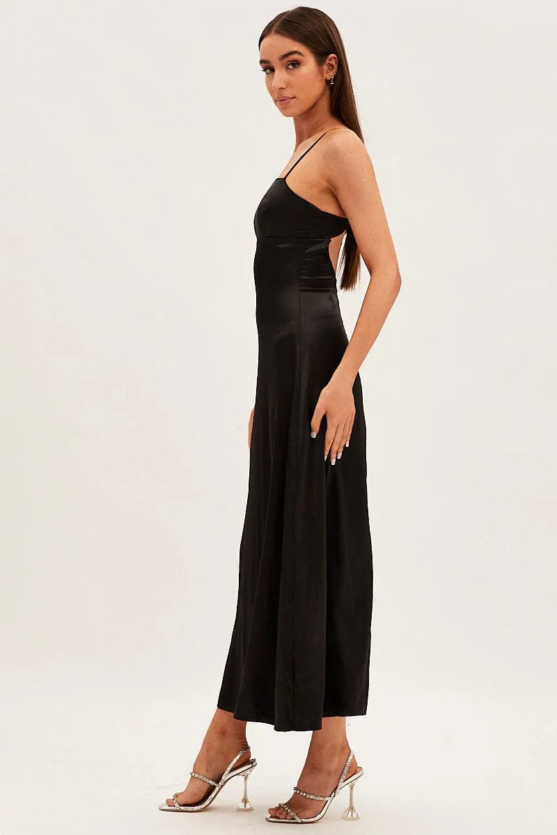 Black Satin Straight Maxi Dress handmade detail