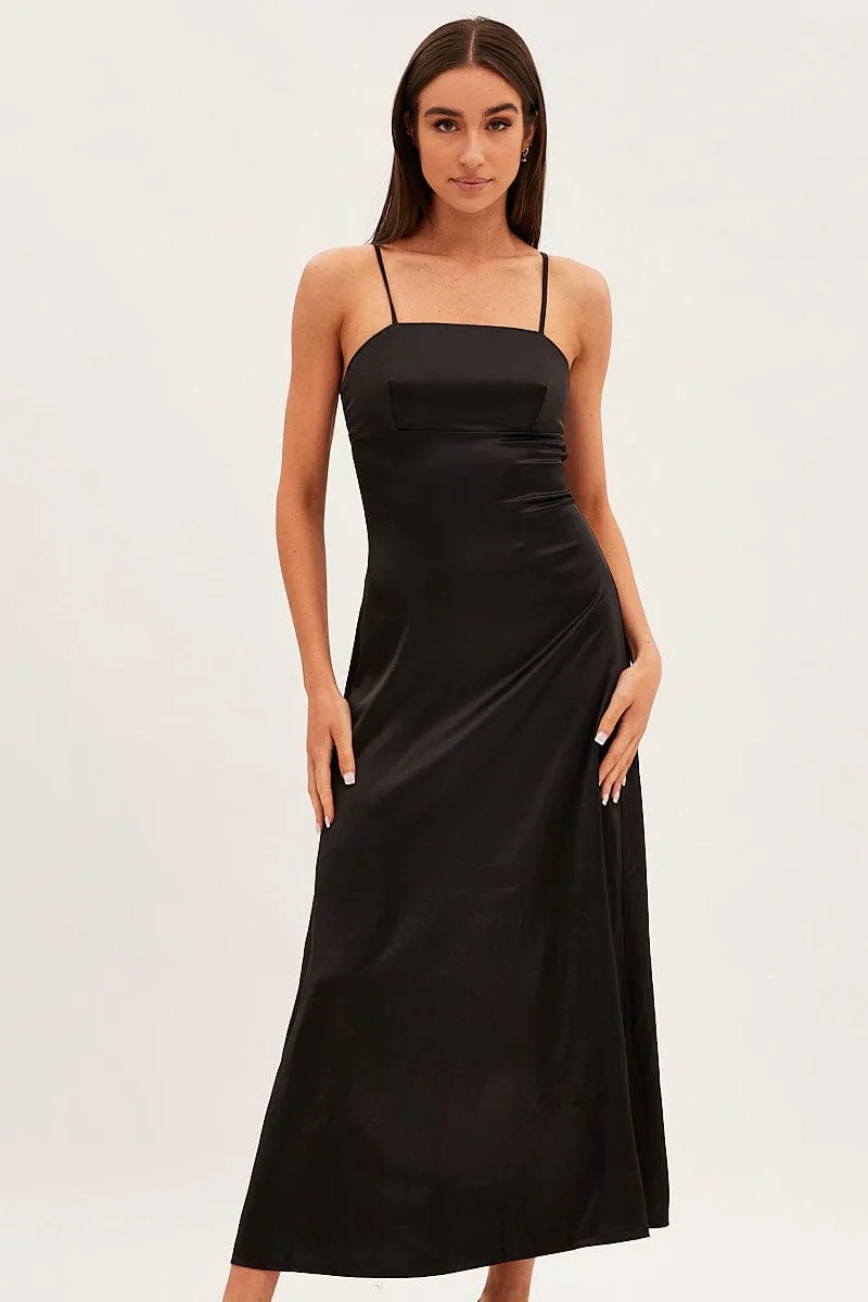 Leather Soft Port Lane Black Satin Straight Maxi Dress