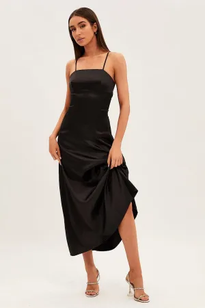Layer Glow Black Satin Straight Maxi Dress