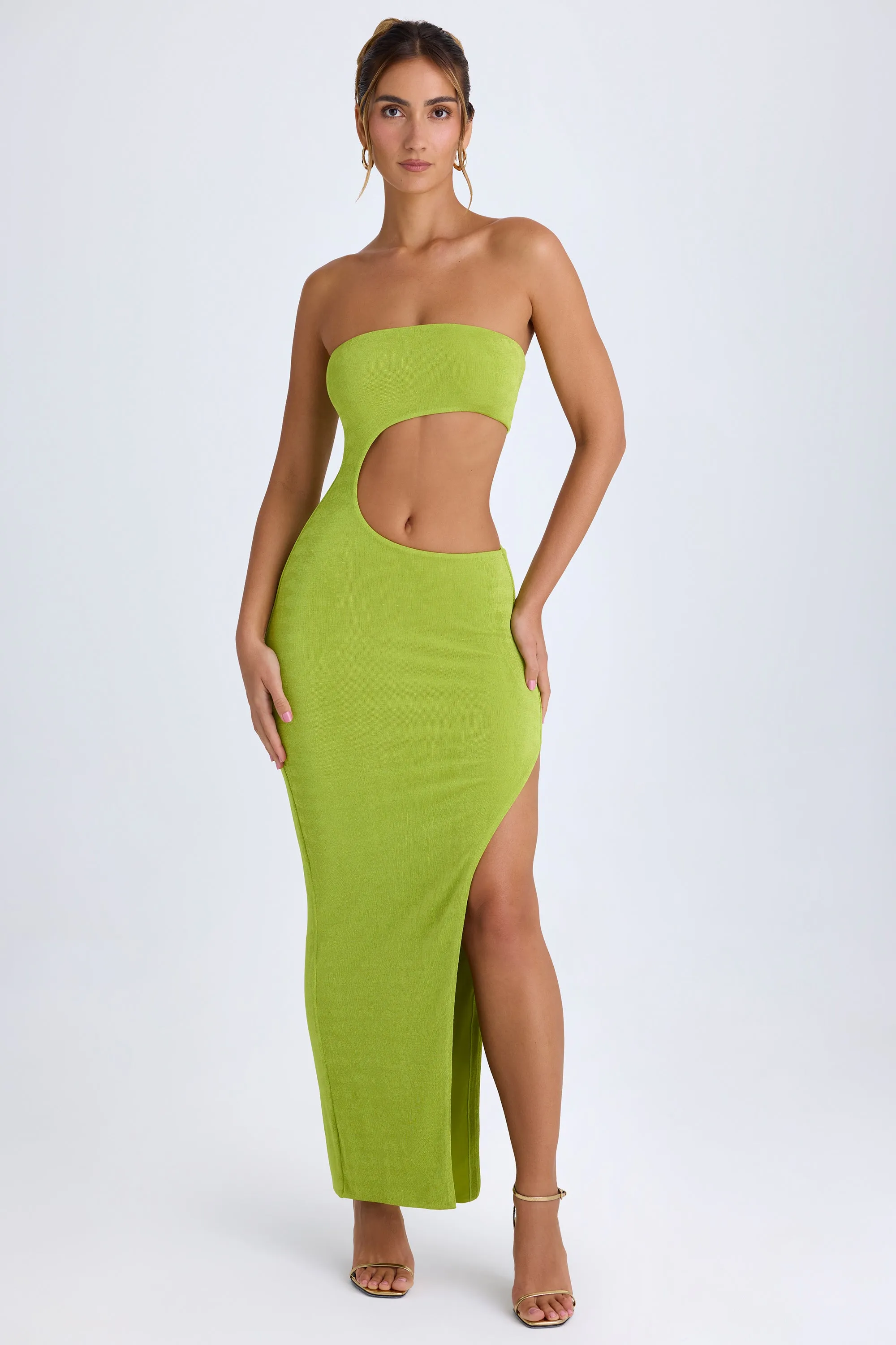 Weave Glow Pearl Glow Cut-Out Bandeau Maxi Dress in Pear Green