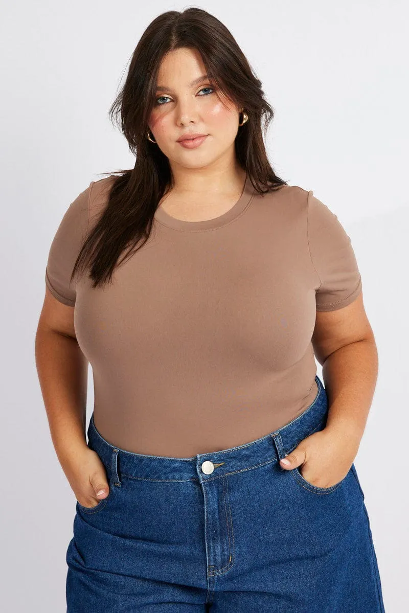 Cultural Fit Brown Bodysuit Short Sleeve Crew Neck Supersoft