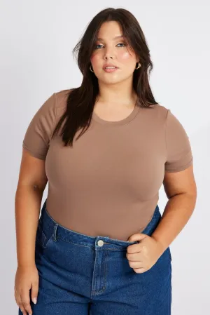 Shine Fit Brown Bodysuit Short Sleeve Crew Neck Supersoft