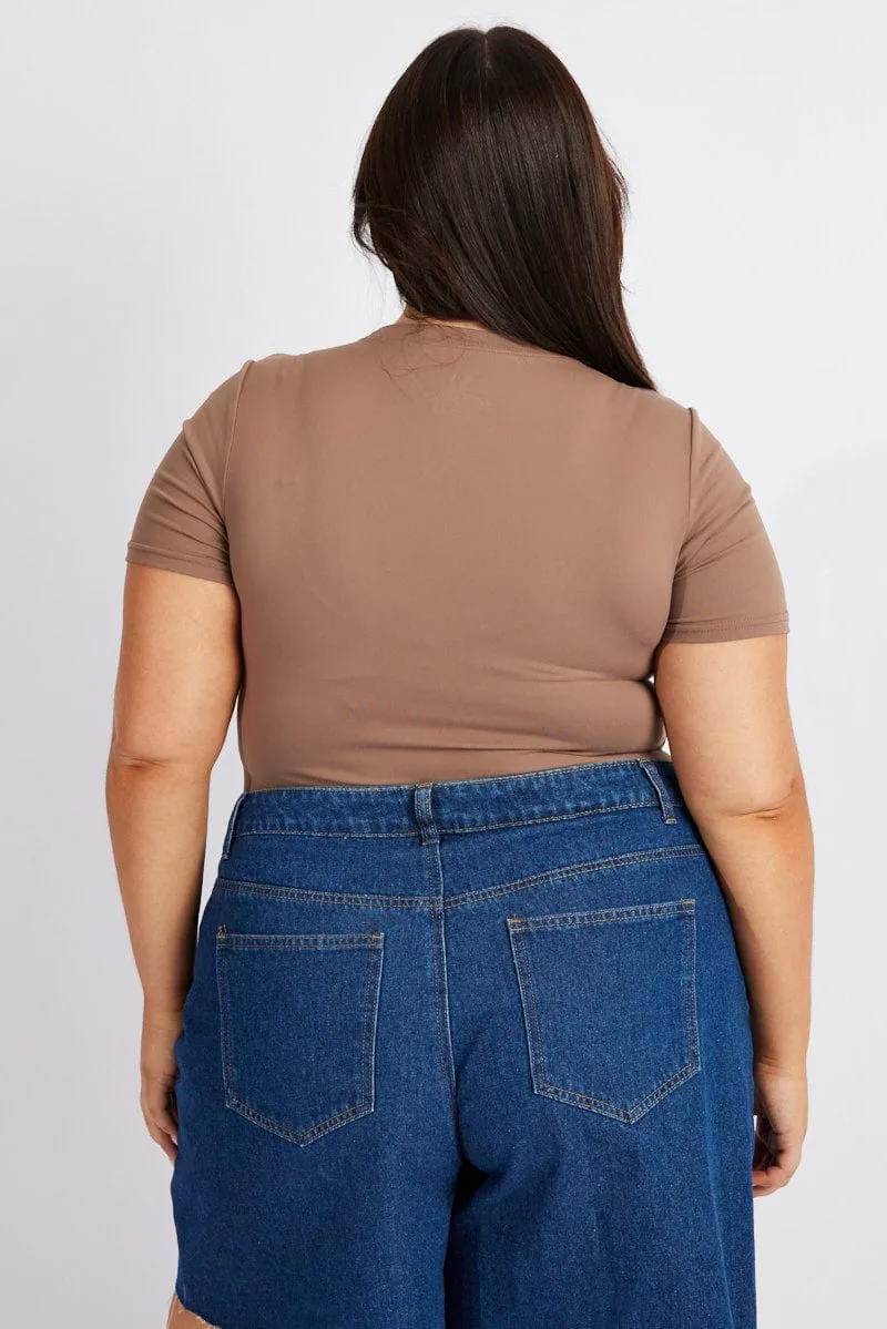ChafeResistant Seams ZeroRestrictionMobility Brown Bodysuit Short Sleeve Crew Neck Supersoft