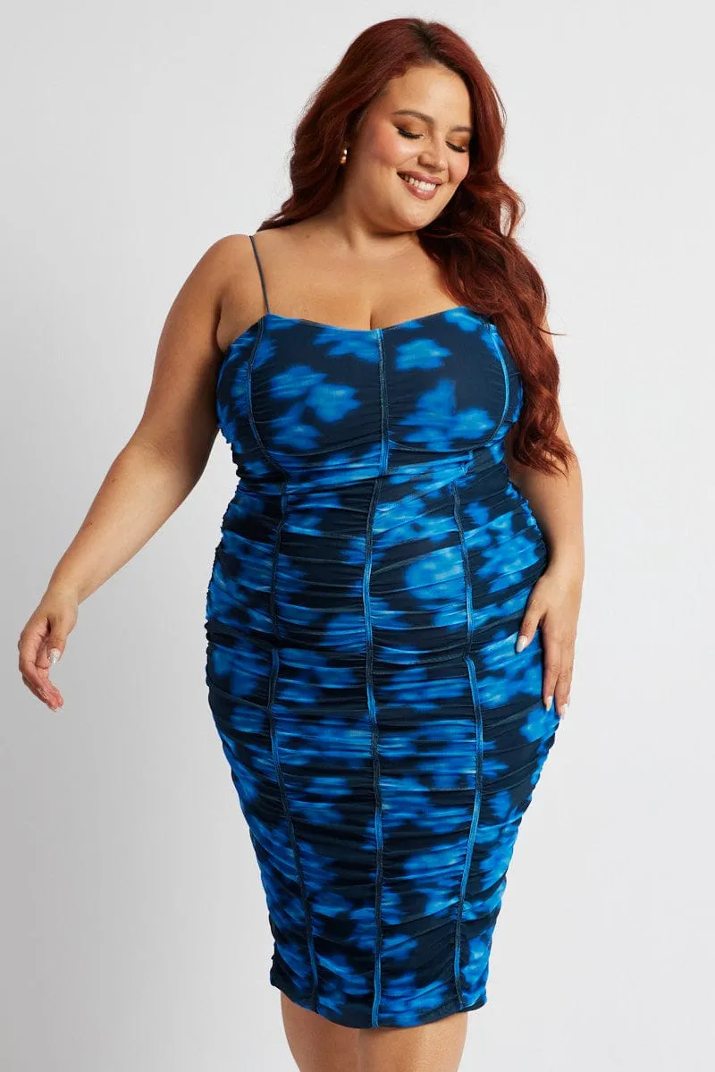 Blue Floral Mesh Ruched Midi Dress Cozy Elegance Trendy Appearance