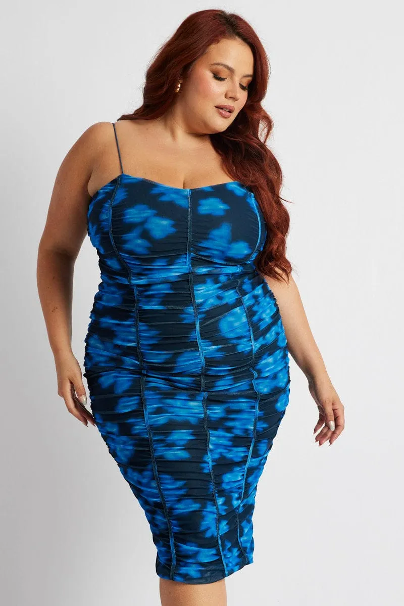 Blue Floral Mesh Ruched Midi Dress Elegant Option