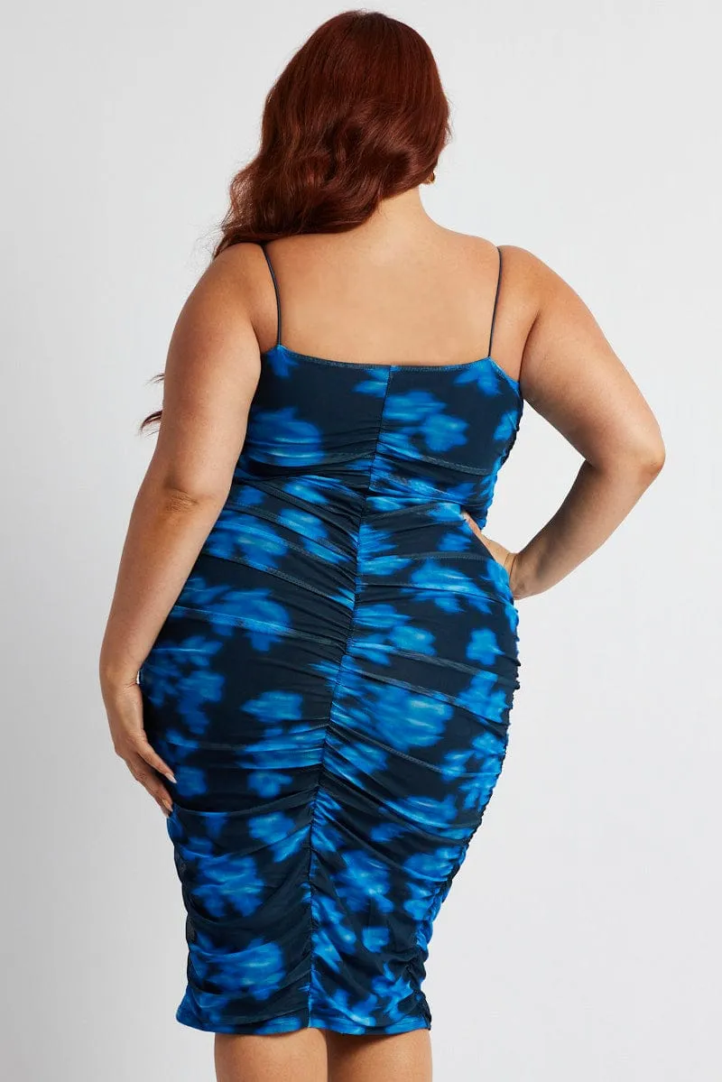 Blue Floral Mesh Ruched Midi Dress Elegant Option Haze Light