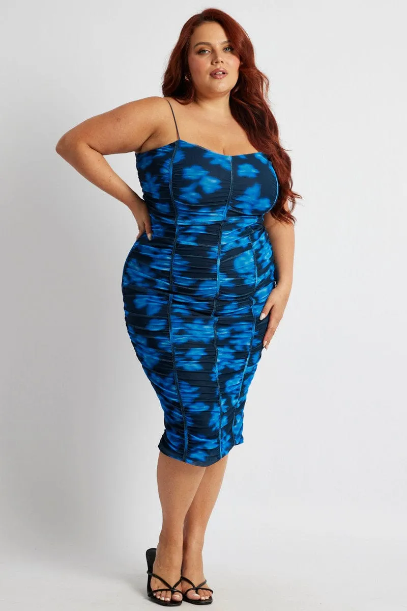Poetic Mood Blue Floral Mesh Ruched Midi Dress