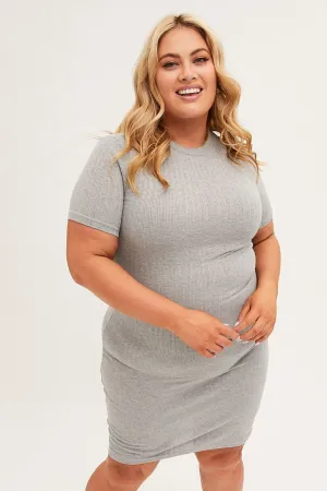 Quiet Luxury Grey Midi Dress Short Sleeve Rib Jersey Bodycon