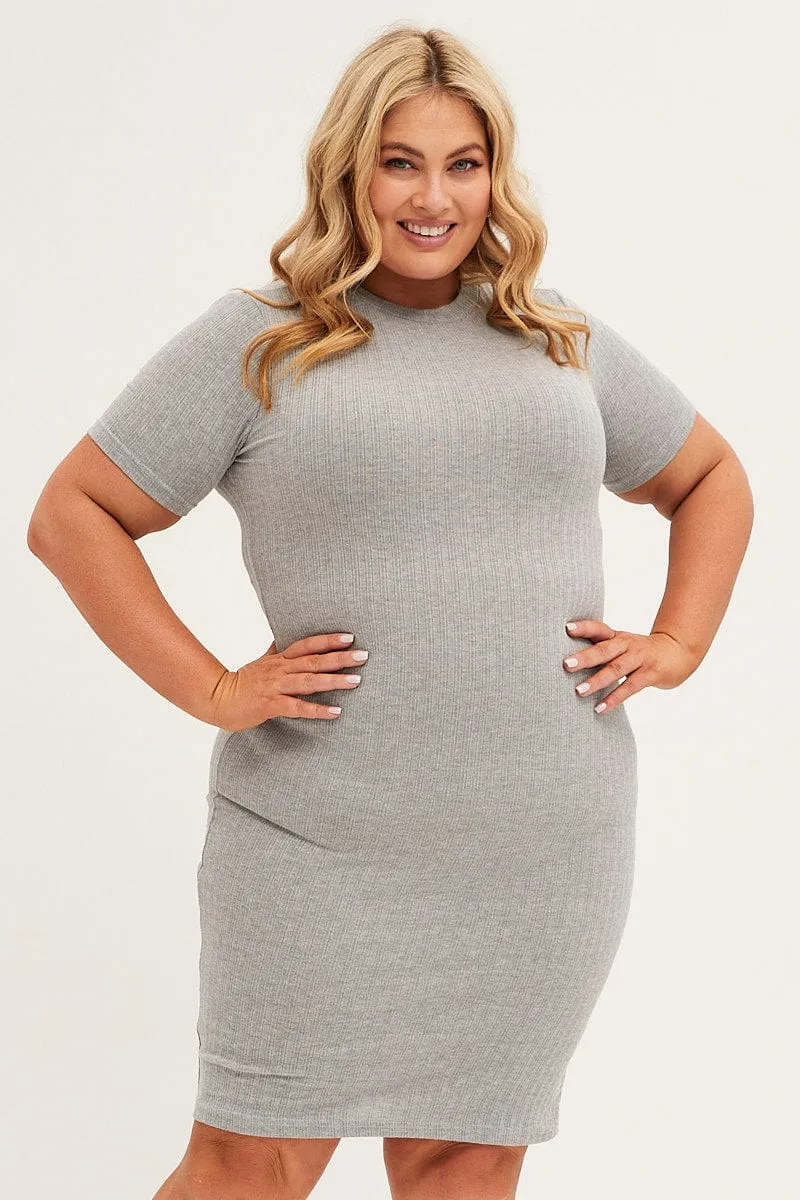Grey Midi Dress Short Sleeve Rib Jersey Bodycon Polished Design