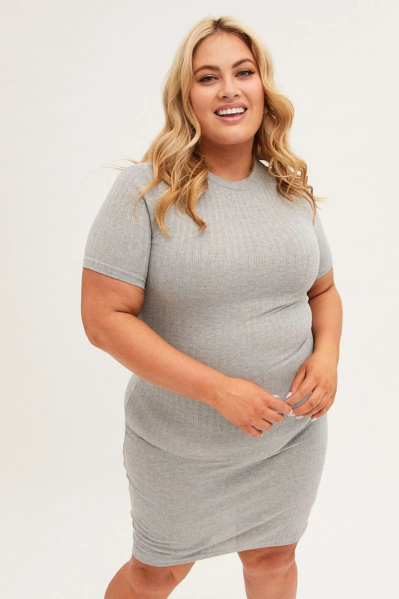 Quiet Luxury Grey Midi Dress Short Sleeve Rib Jersey Bodycon