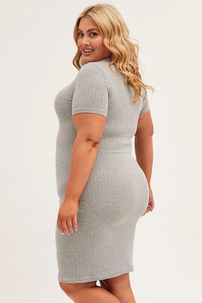 Grey Midi Dress Short Sleeve Rib Jersey Bodycon Quick Layer