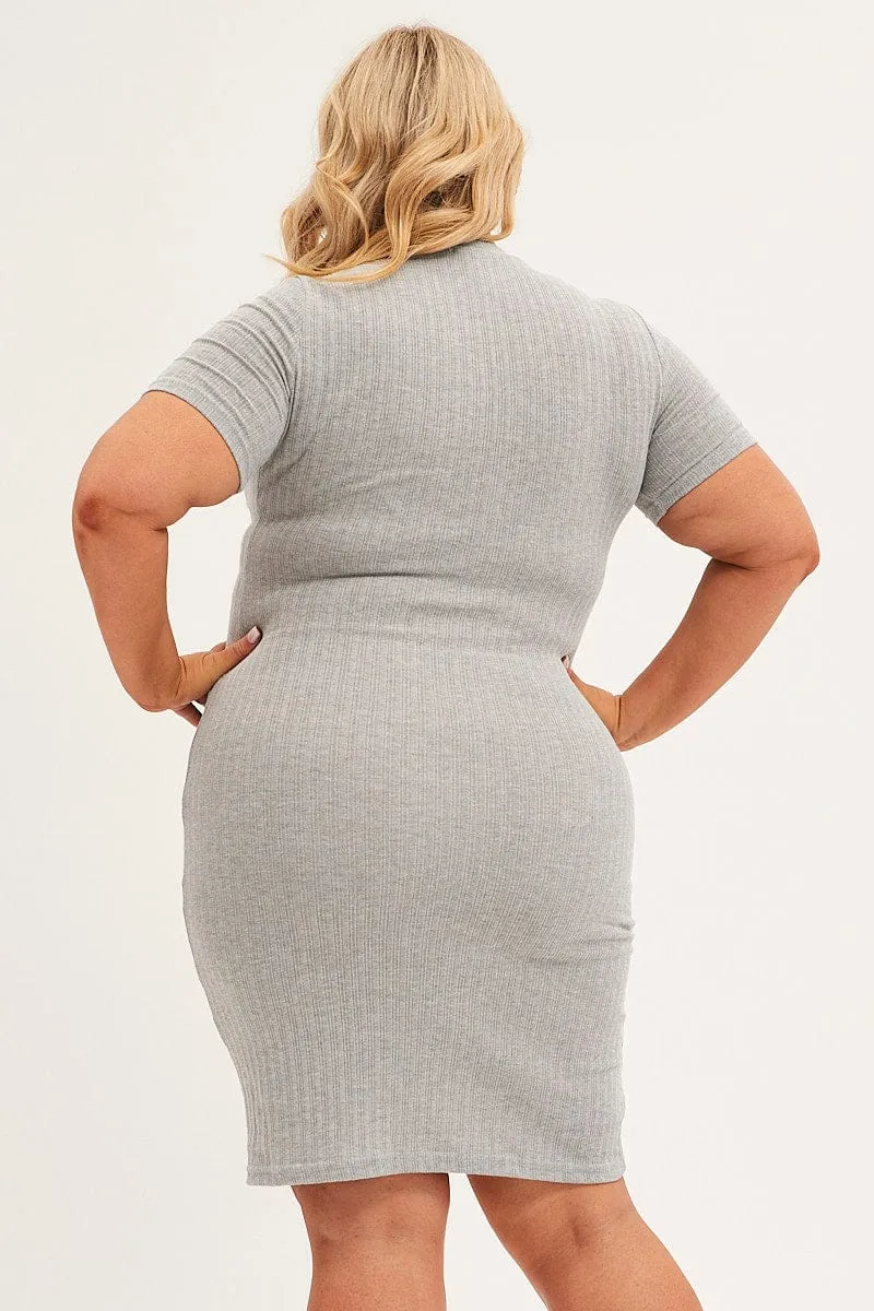 Grey Midi Dress Short Sleeve Rib Jersey Bodycon Haze Light