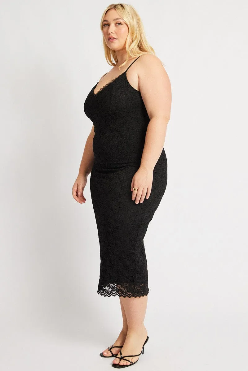 Effortless Style Black Lace Bodycon Midi Dress