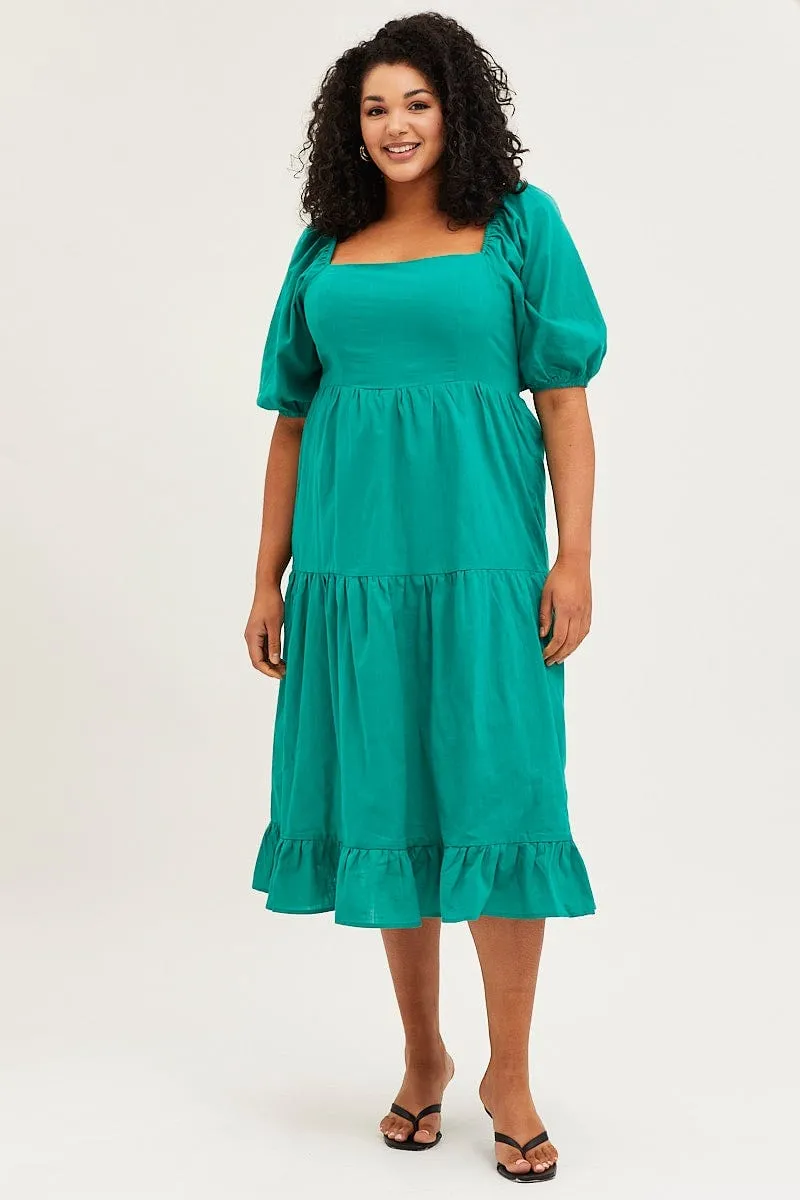 Flattering Style City Prep Green Maxi Dress Square Neck Short Sleeve Tie