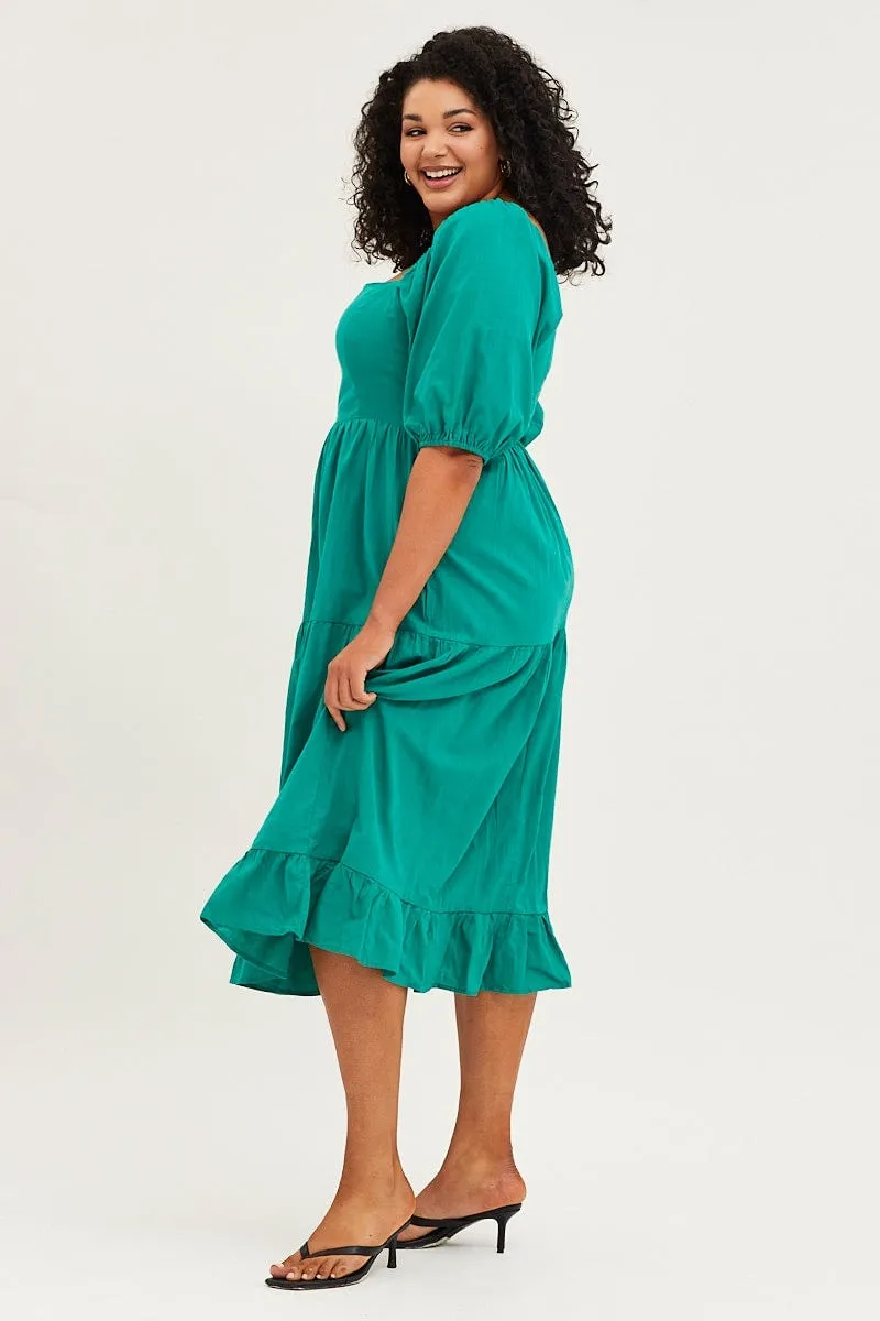 Green Maxi Dress Square Neck Short Sleeve Tie Bead Shine