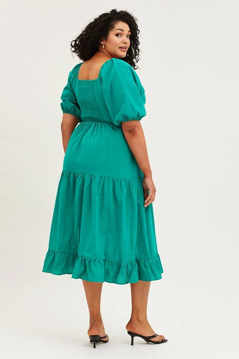 casual outing Everyday Chic Green Maxi Dress Square Neck Short Sleeve Tie