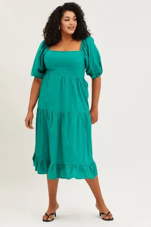 Spring Festival Lightweight and breezy gown Green Maxi Dress Square Neck Short Sleeve Tie