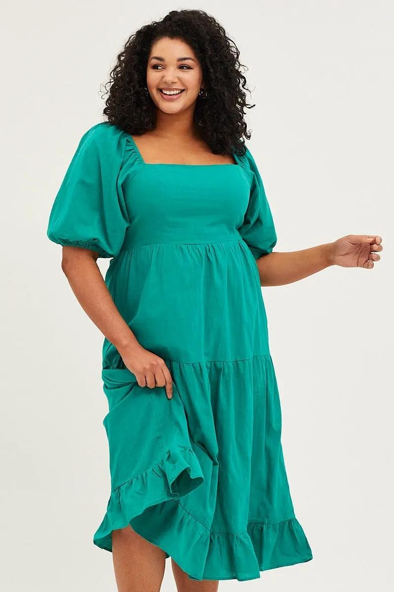 Park Bench Green Maxi Dress Square Neck Short Sleeve Tie
