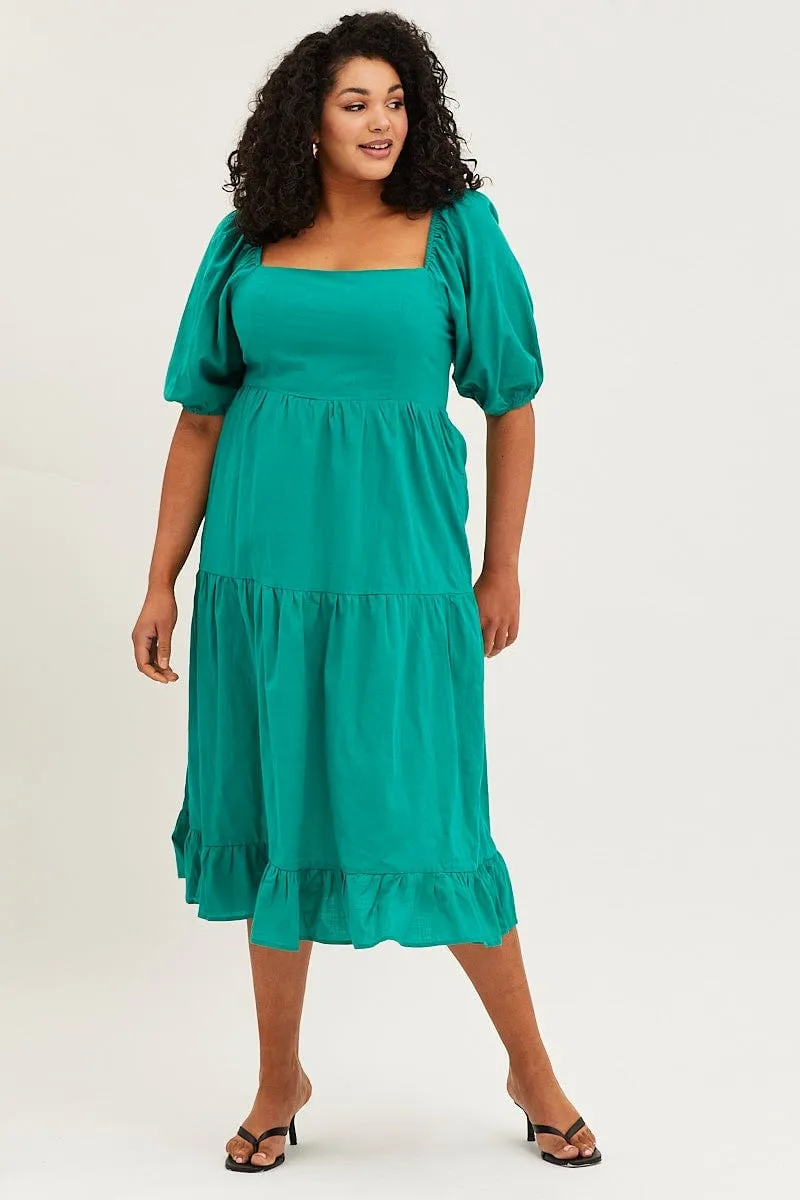 Spring Festival Lightweight and breezy gown Green Maxi Dress Square Neck Short Sleeve Tie