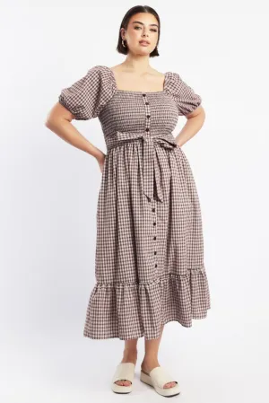 Red Check Midi Dress Short Sleeve Check Front Button Placket Dress for warm weather Elegant Layers