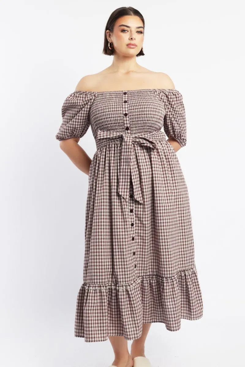 Red Check Midi Dress Short Sleeve Check Front Button Placket Stylish Outfit Cherry Grove