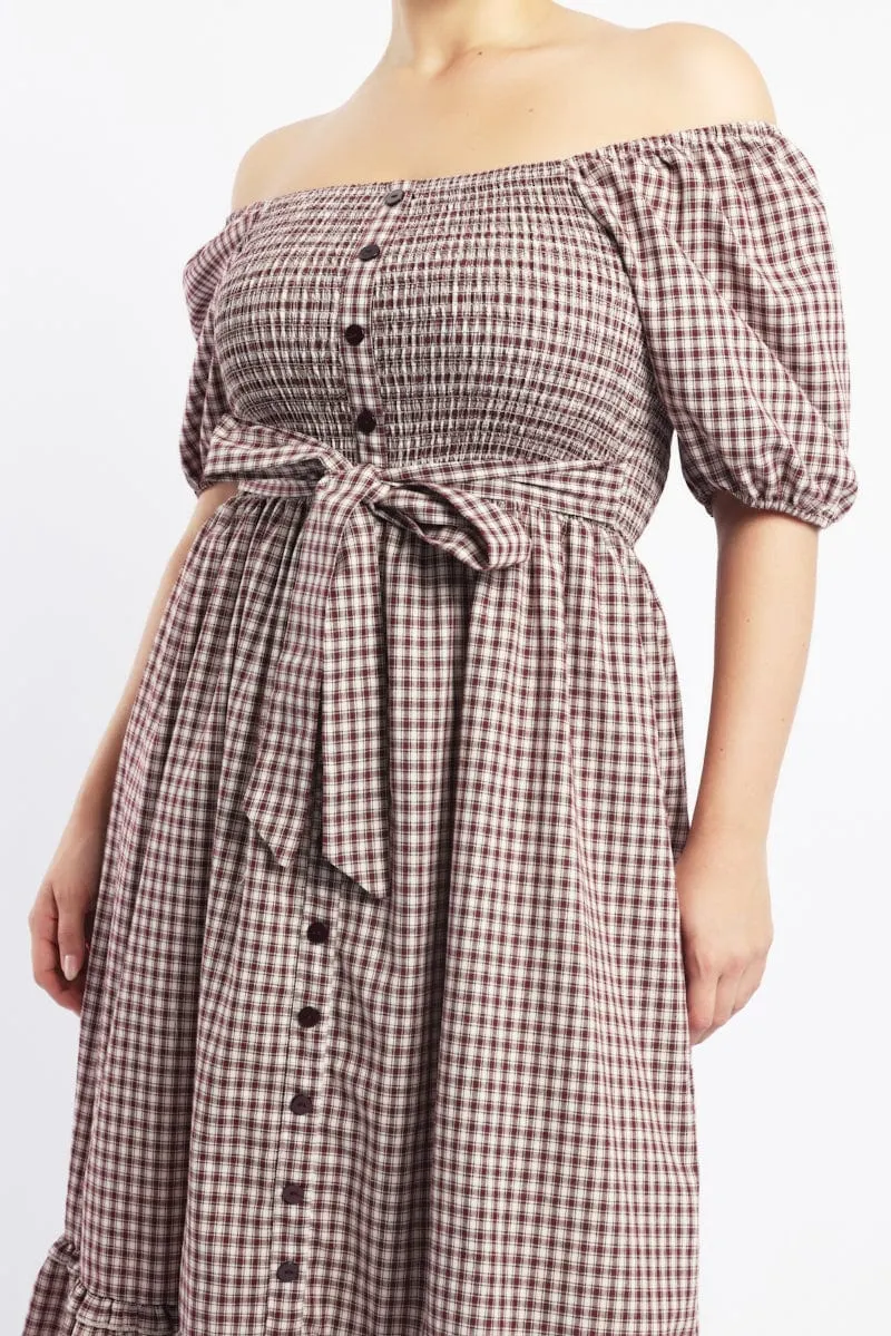 Morning Stroll Red Check Midi Dress Short Sleeve Check Front Button Placket