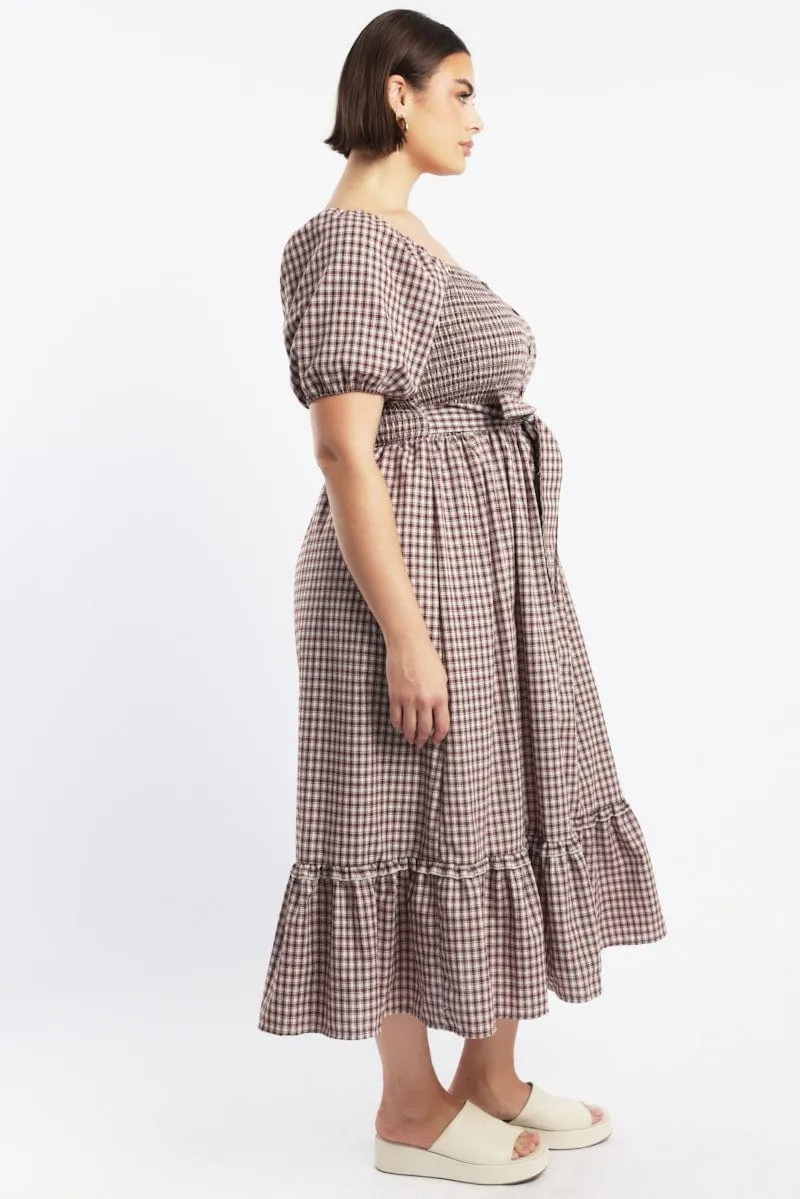 Sophisticated Wardrobe Versatile midi for travel Red Check Midi Dress Short Sleeve Check Front Button Placket