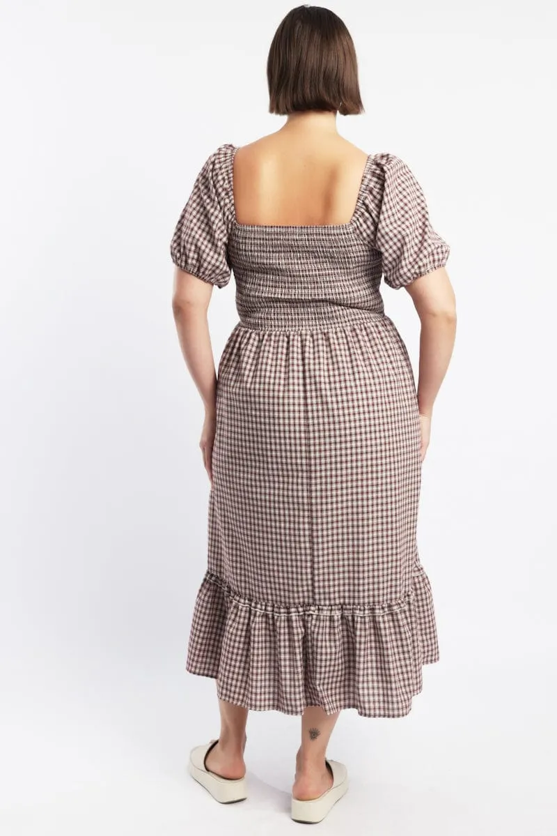 Red Check Midi Dress Short Sleeve Check Front Button Placket Cozy Elegance