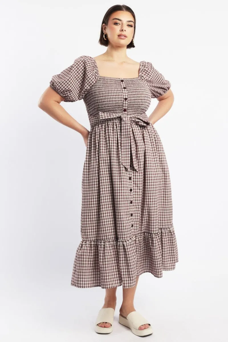 Red Check Midi Dress Short Sleeve Check Front Button Placket Dress for warm weather Elegant Layers