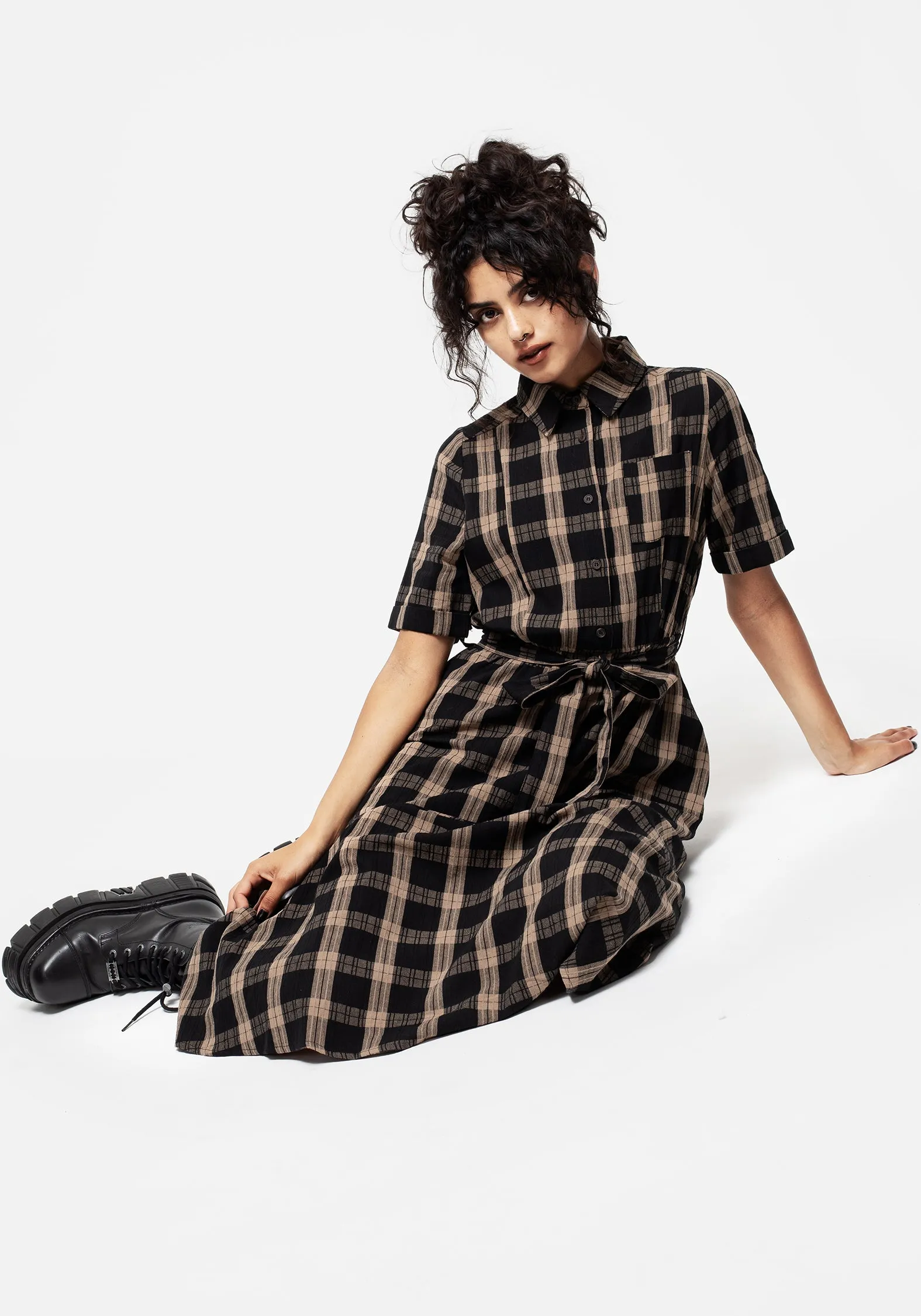 Rogue Check Cotton Midi Shirt Dress Artistic Vibe