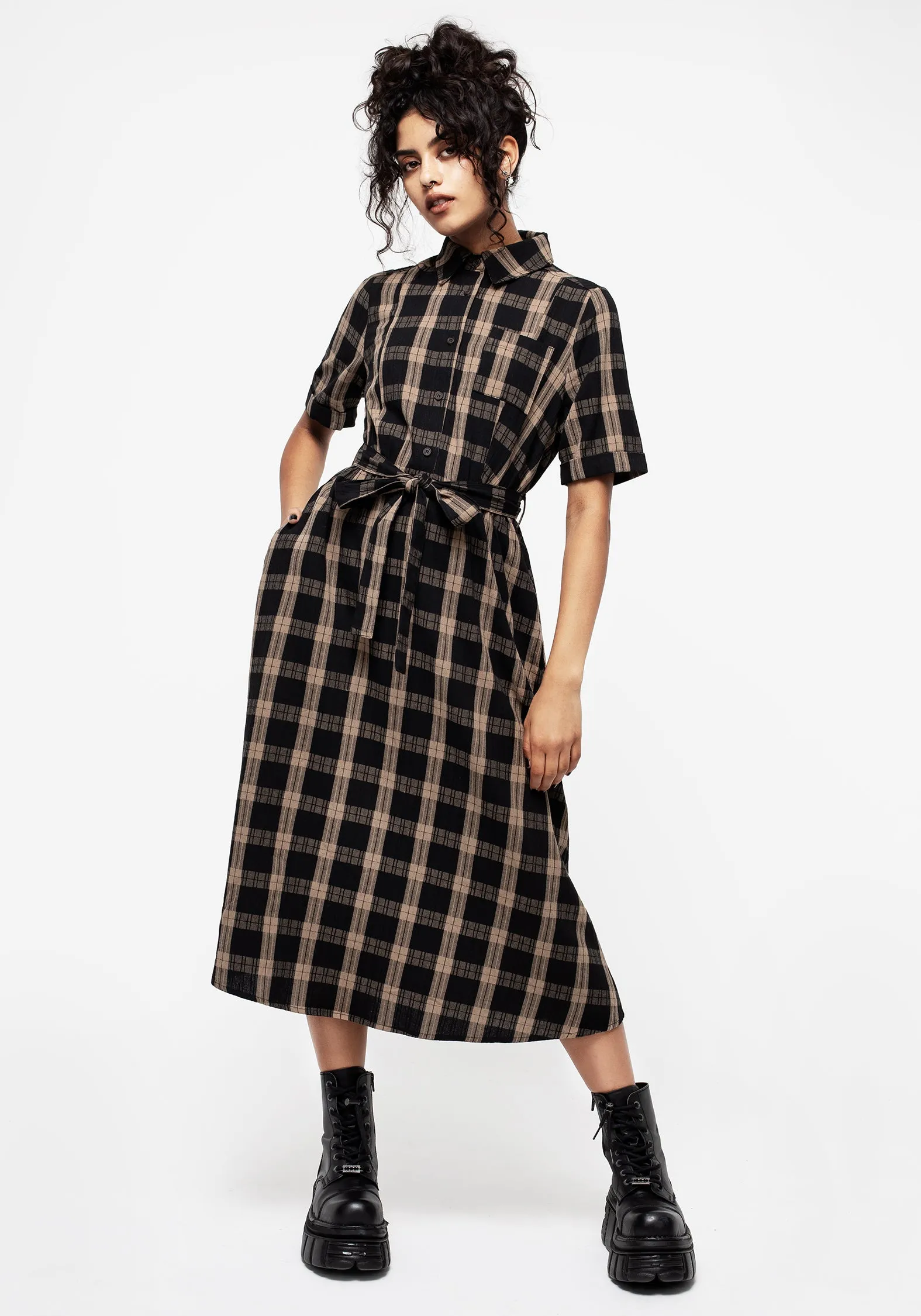 Bazaar Lane Rogue Check Cotton Midi Shirt Dress
