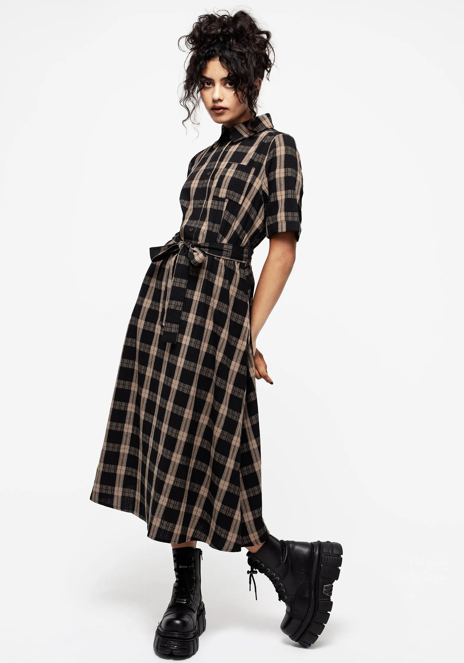 Air View Heat Wave Rogue Check Cotton Midi Shirt Dress