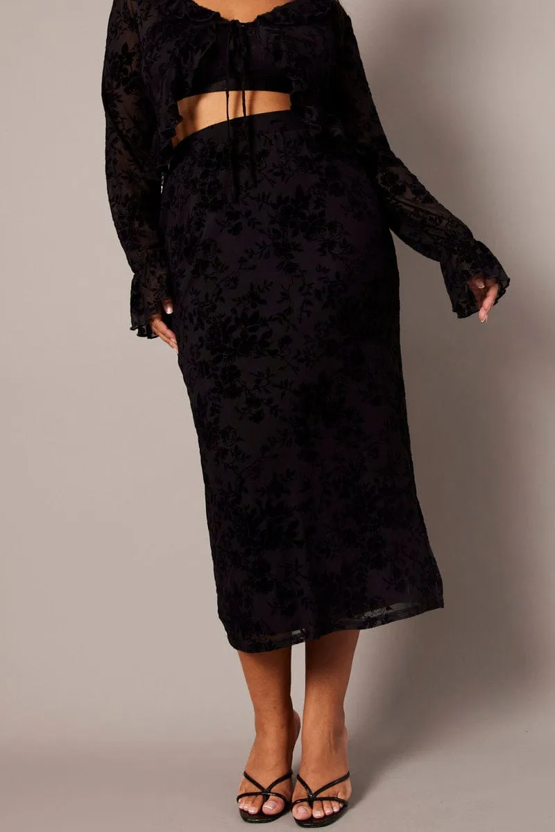 Black Burnout Elastic Waist Skirt Hidden pockets Handmade Quality