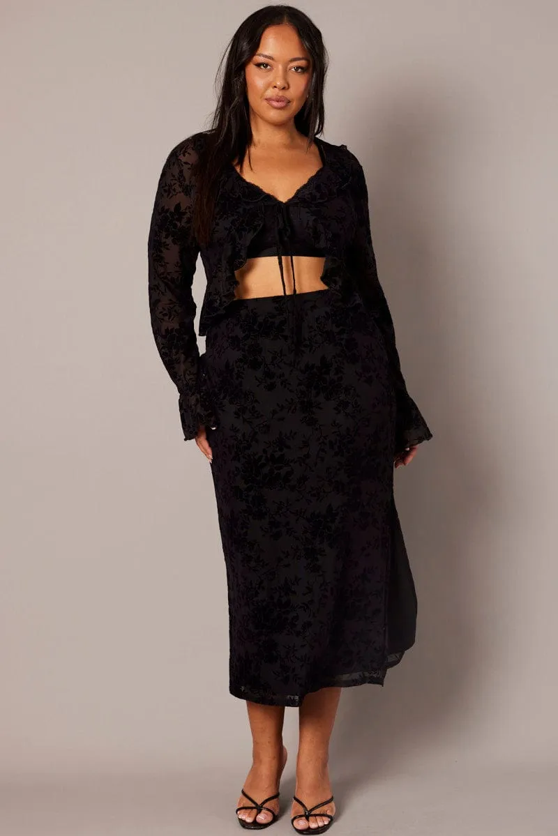 Black Burnout Elastic Waist Skirt Hygienic Coating Embroidered Detail