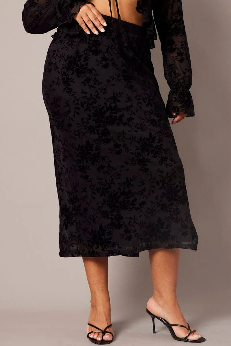 Flexible Material Tailored Cut Black Burnout Elastic Waist Skirt