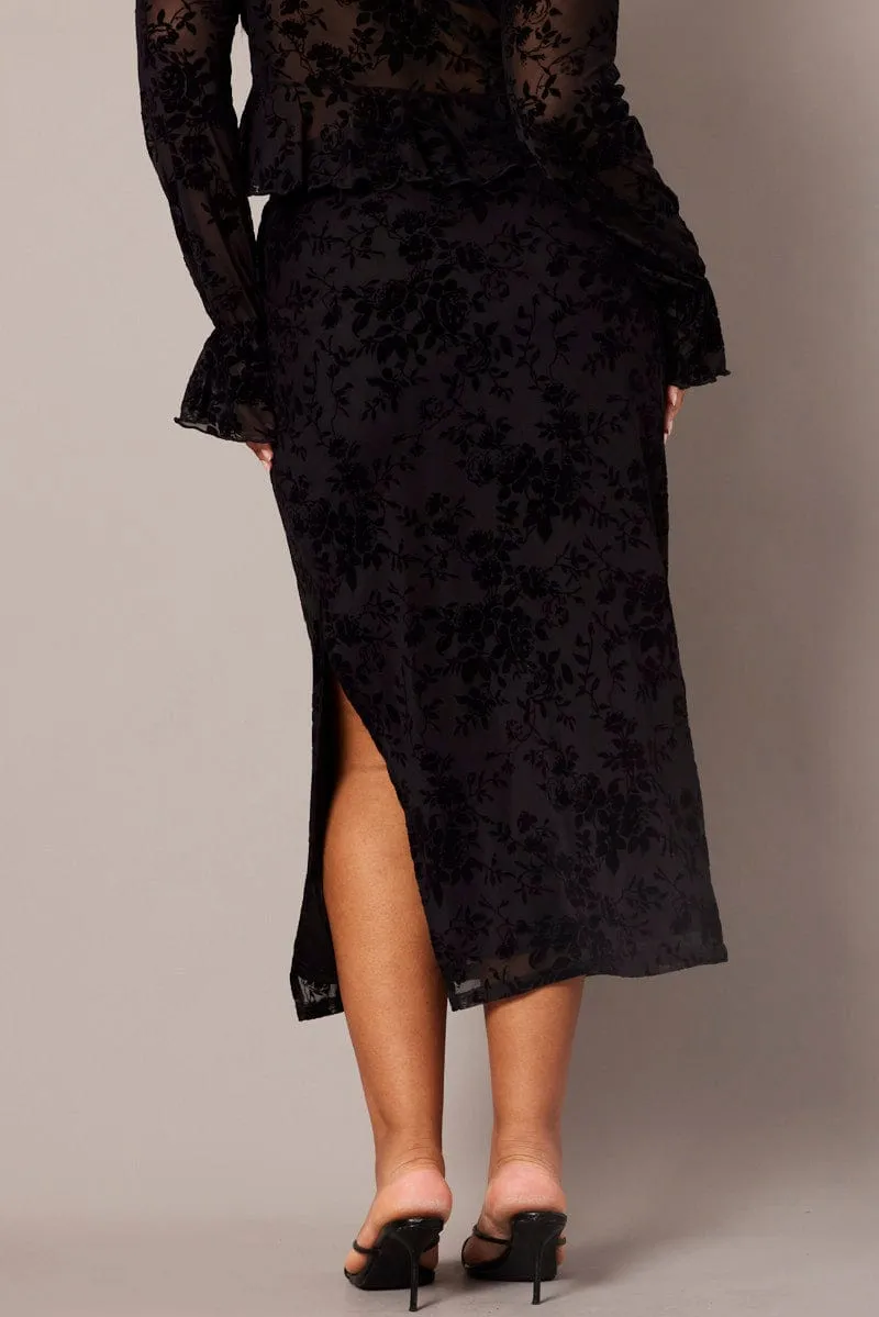 Black Burnout Elastic Waist Skirt Casual Style