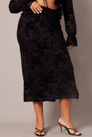 Flexible Material Tailored Cut Black Burnout Elastic Waist Skirt