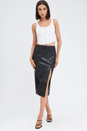 Black Midi Skirt Front Split Faux Leather Smart Edge Timeless Wear