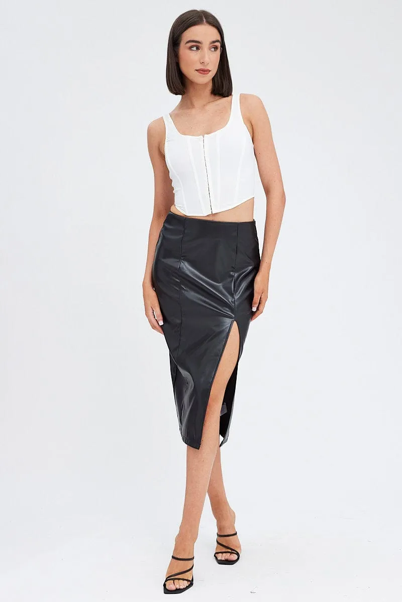 Sleek Detail Black Midi Skirt Front Split Faux Leather