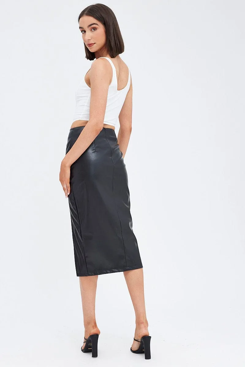 Black Midi Skirt Front Split Faux Leather Creative Layering