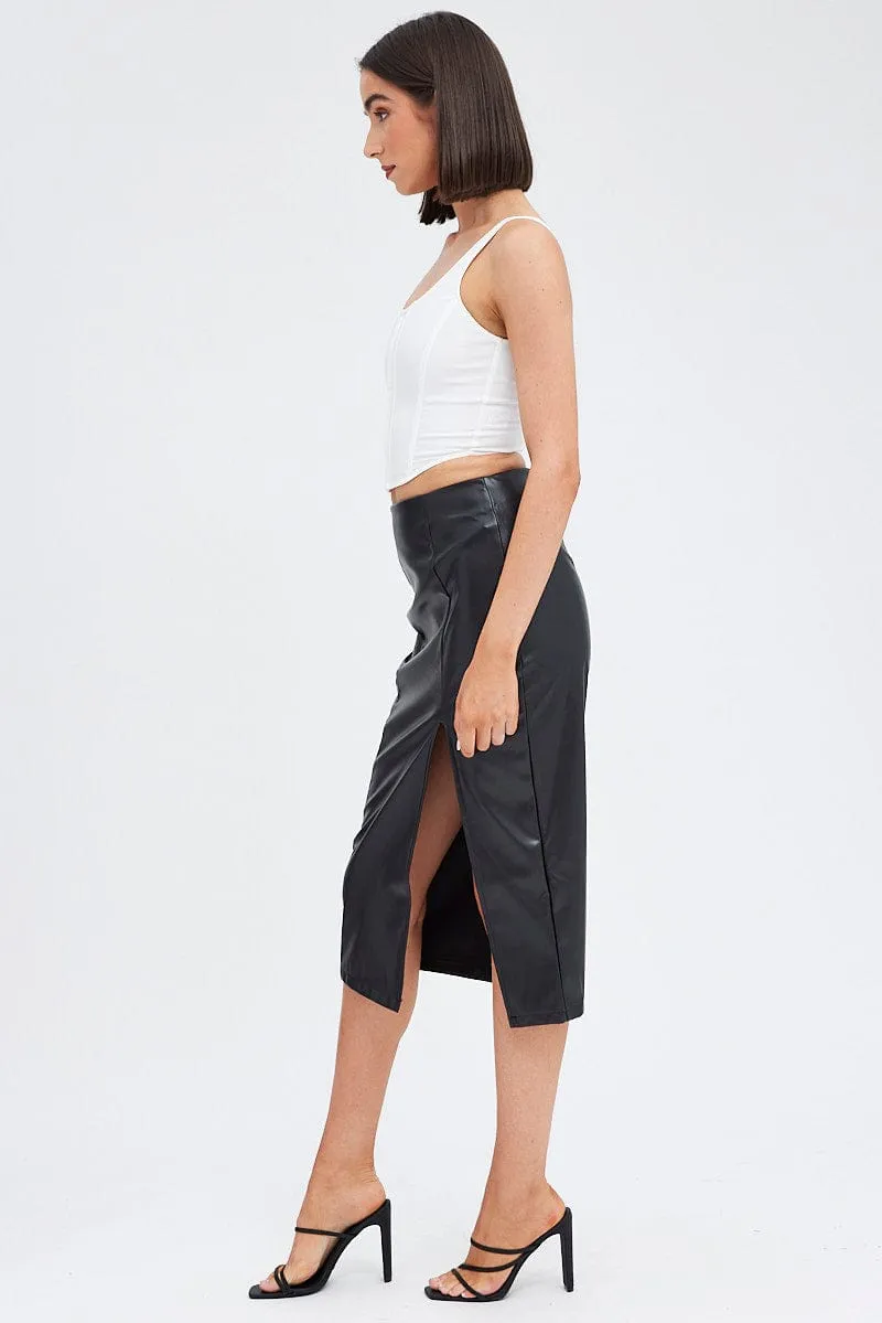 Black Midi Skirt Front Split Faux Leather Roll Up Hem Soft Touch