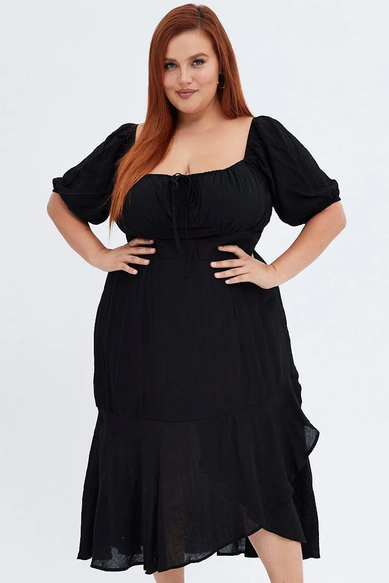 Black Midi Dress Short Sleeve Ruffle Ruched Bust Charming Wardrobe Urban Ease