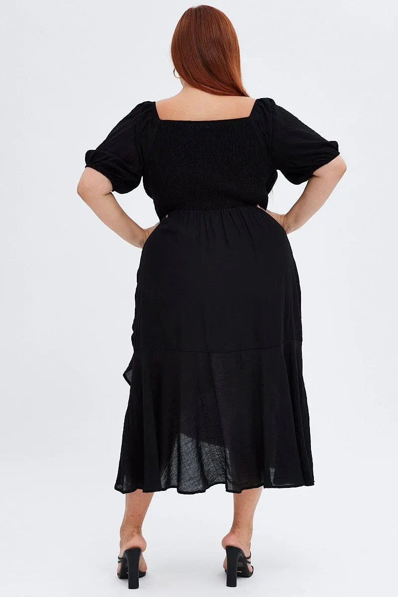 Cherry Grove Black Midi Dress Short Sleeve Ruffle Ruched Bust