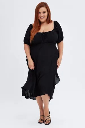 Black Midi Dress Short Sleeve Ruffle Ruched Bust Wool Warm All-day wear midi