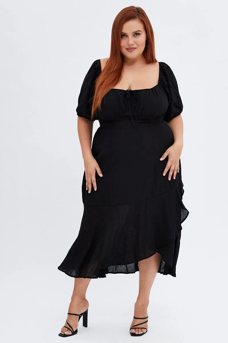 Serene Charm Resort Stay Black Midi Dress Short Sleeve Ruffle Ruched Bust