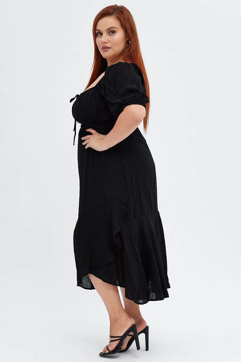 Olive Grove Port Side Black Midi Dress Short Sleeve Ruffle Ruched Bust