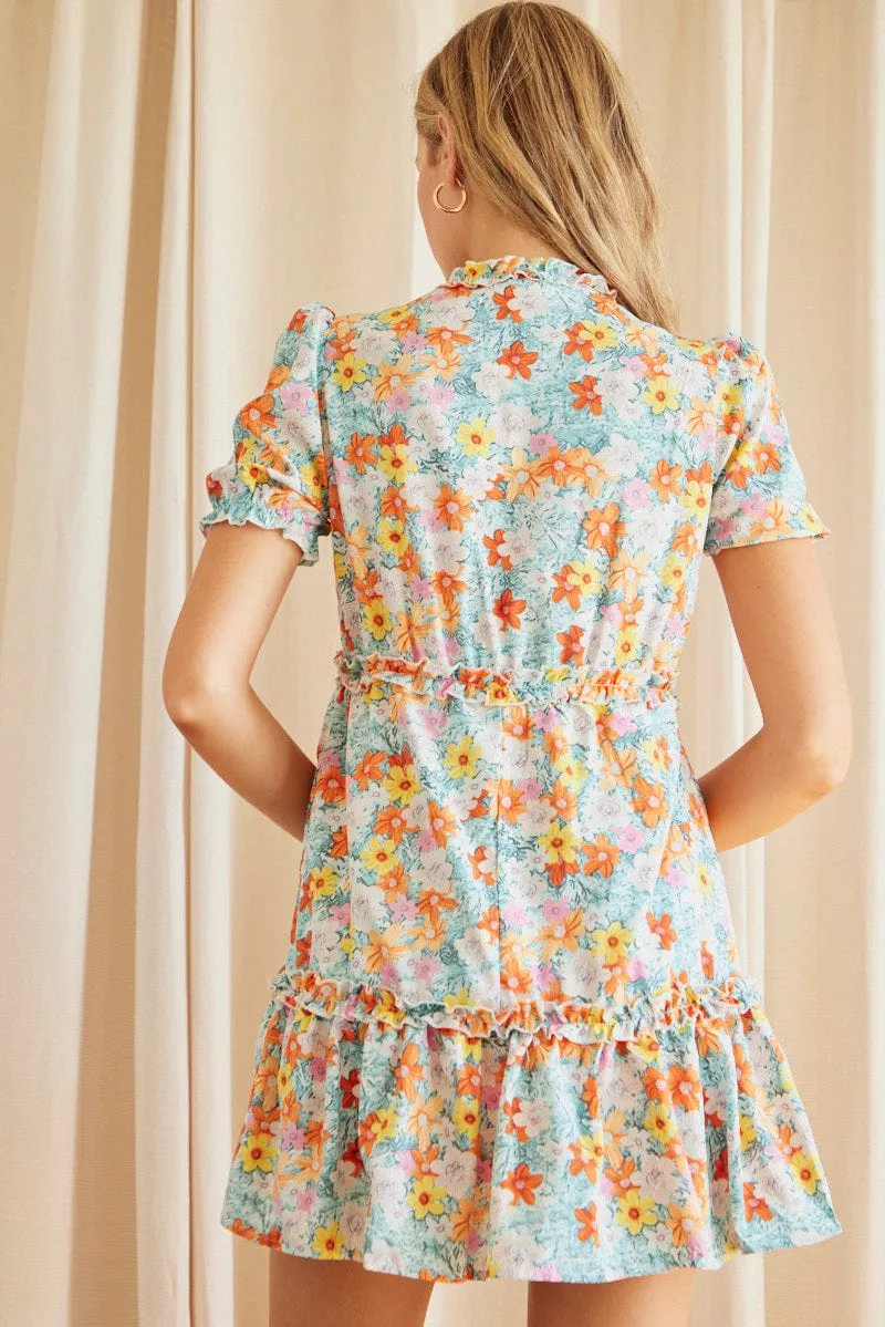 Secure fastening Minimal Look Print Mini Dress Short Sleeve V Neck