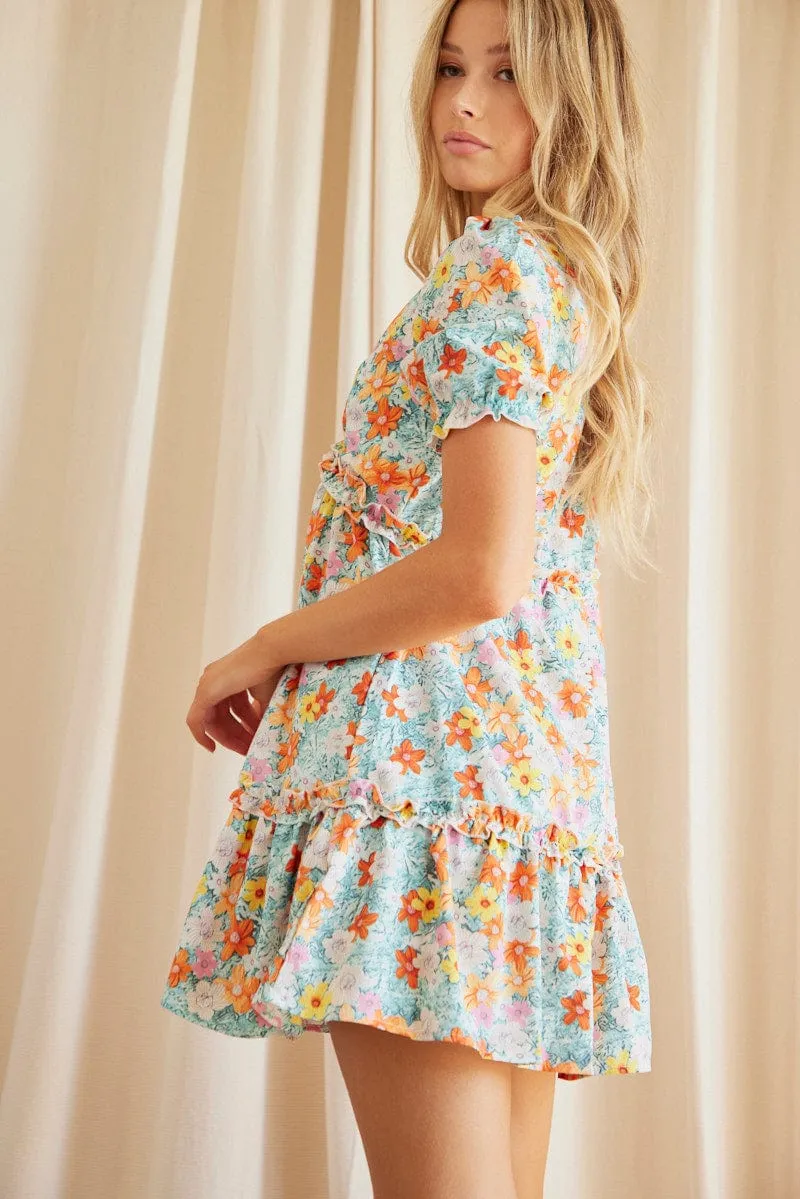 Print Mini Dress Short Sleeve V Neck Glow Fresh