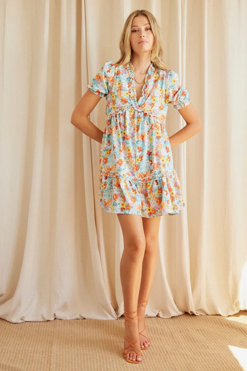 Print Mini Dress Short Sleeve V Neck Glamorous touch Sleek Fashion