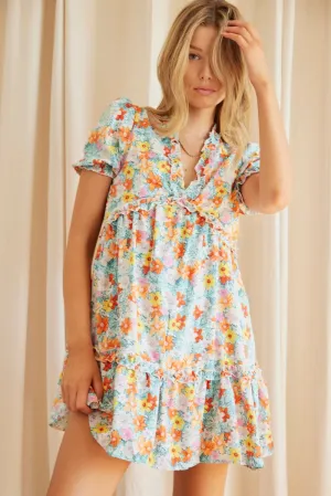 Fresh Edge Print Mini Dress Short Sleeve V Neck